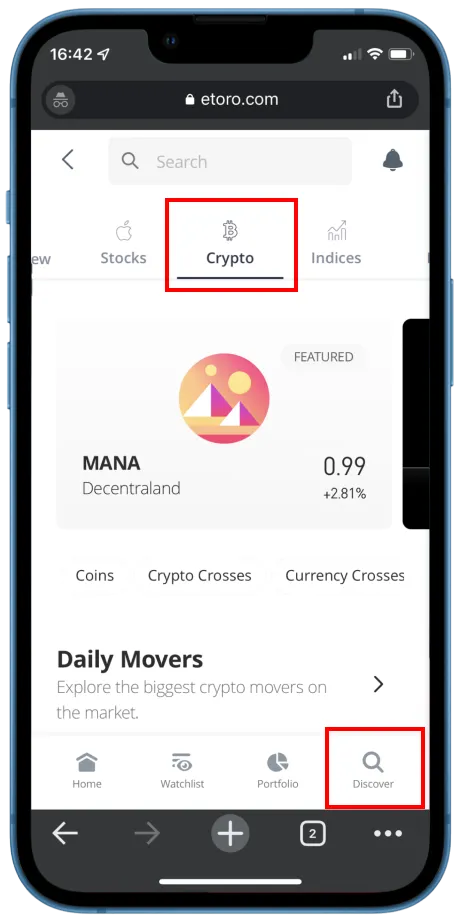 Cryptocurrency tab on eToro