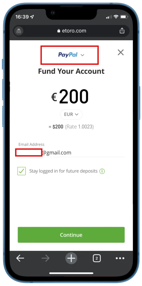 PayPal depozīts eToro