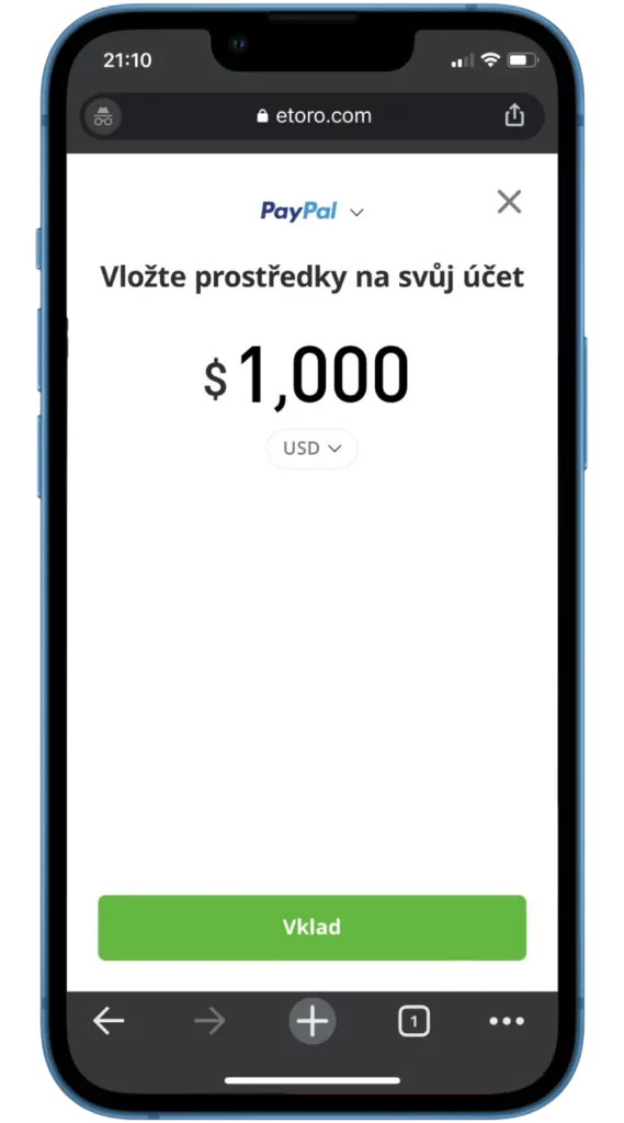 Vložte peníze pomocí PayPal